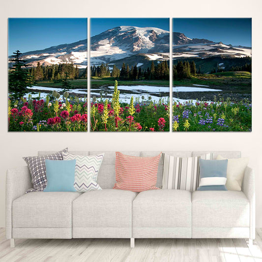 Bright alpine meadow scene — contemporary canvas wall art in rich floral colors for a calming bedroom atmosphere and serene daily escape