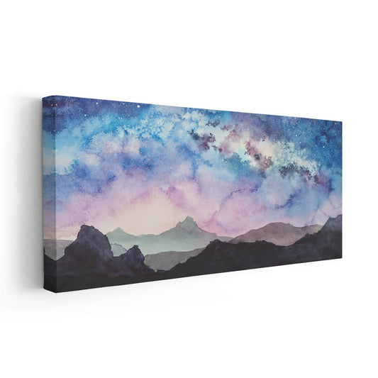 Pastel sky mountain ridge — large canvas art in soft watercolor hues, perfect for calming bedroom décor with serene abstract charm