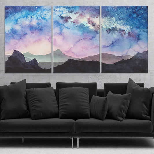Watercolor mountain landscape canvas wall art for living room décor, bringing a peaceful pastel atmosphere with dreamy sky gradients