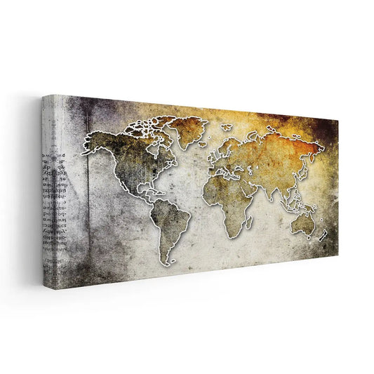 Artistic map of the world — contemporary canvas wall art, textured grunge finish ideal for bedroom or study with adventurous style.
