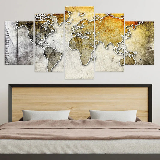 Yellow grunge world map — modern canvas wall art, inspiring design perfect for office or living room décor with a global theme.