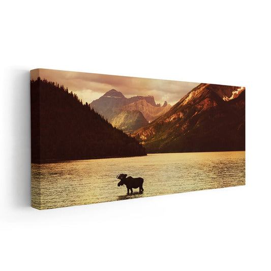 Majestic moose at sunset — large canvas wall art, rustic wilderness design ideal for cozy cabin or nature-inspired bedroom décor.