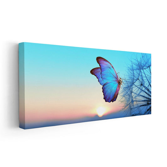 Sunset butterfly — contemporary canvas wall art with orange and blue hues, perfect for living room décor or thoughtful housewarming gift.