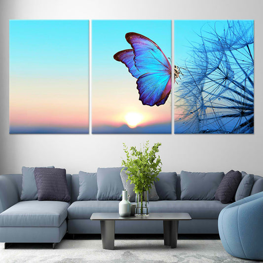 Blue butterfly at sunset — modern canvas wall art for bedroom, blending warm pastel tones that create a calming, peaceful atmosphere.