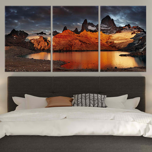 Patagonia mountain horizon in fiery sunrise tones — large canvas wall art ideal for creating an inspiring focal point in any space