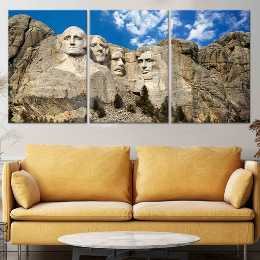 Historic presidential mountain carving — large canvas art with bright sky palette, ideal for calming bedroom décor and timeless styling