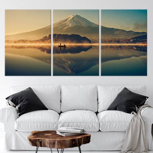 Golden alpine seascape reflection paired with contemporary canvas wall art, soft sunrise tones for a serene bedroom atmosphere