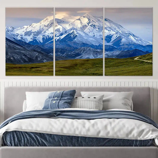 Majestic Denali mountain range — modern canvas wall art with cool blue palette, perfect for calming bedroom décor and nature-inspired interiors