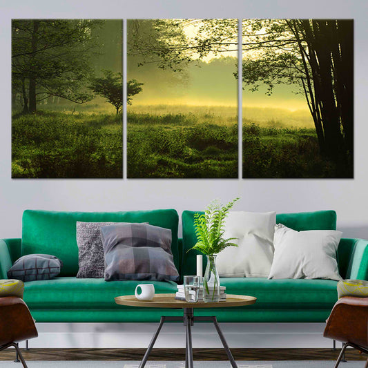 Golden sunrise forest path in soft green hues — large canvas wall art ideal for creating an uplifting and serene focal point in any room