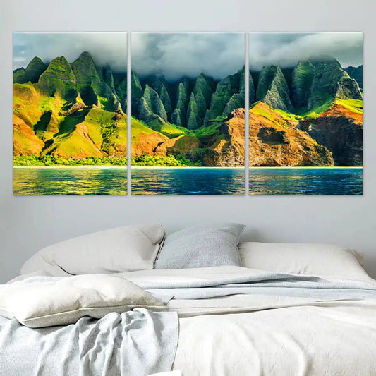 Emerald cliff coastline — modern canvas wall art with vivid tropical palette, ideal for uplifting bedroom décor and refreshing island-inspired spaces