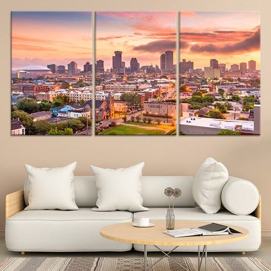 New Orleans skyline at sunset — large canvas wall art in warm orange and pink hues, inspiring décor centerpiece for elegant living rooms.