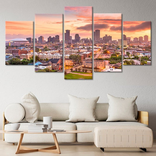 New Orleans cityscape — modern canvas wall art featuring sunset glow and river reflections, perfect uplifting addition to bedroom décor.