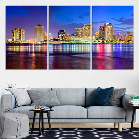 New Orleans skyline at night canvas wall art for living room — glowing reflections add modern charm and peaceful city ambiance.