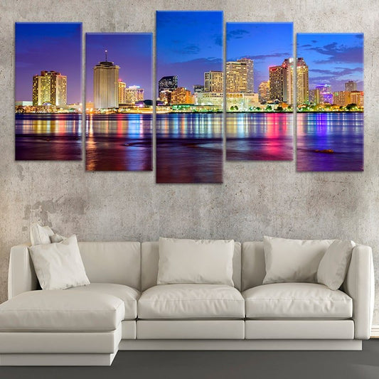 Downtown New Orleans skyline — large canvas wall art in vibrant purple and gold tones, ideal for elegant bedroom or office decor.