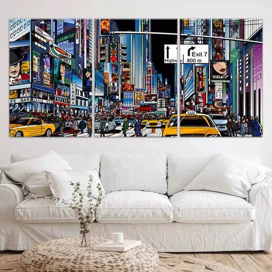 Times Square pop art — modern canvas wall art featuring vibrant New York City lights, perfect for uplifting living room or office decor.