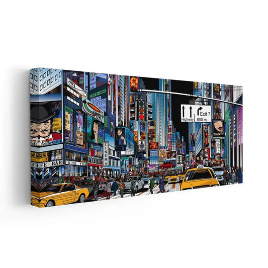 New York City pop art skyline — large canvas wall art in colorful tones, energizing and bold centerpiece for bedroom or apartment walls.