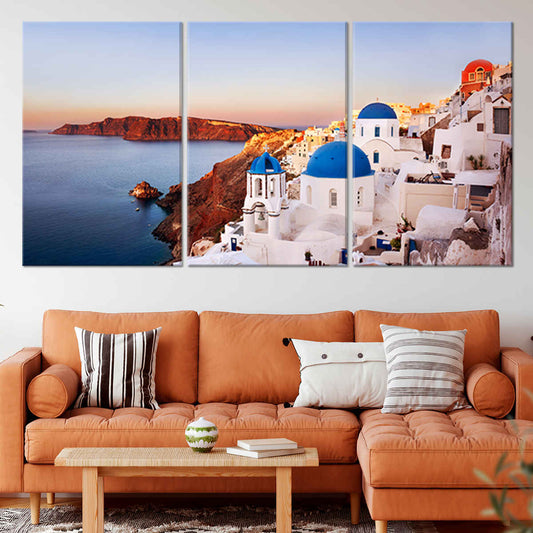 Santorini Greece skyline — modern canvas wall art in white and blue tones, uplifting and romantic decor for elegant living room spaces.