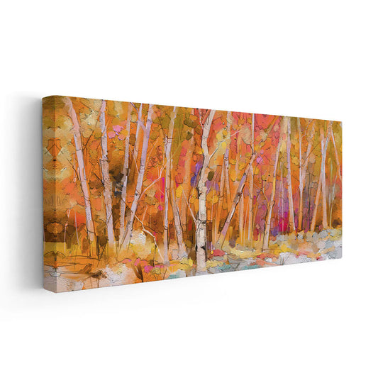 Fall birch grove — large canvas art in a bright autumn palette, ideal for peaceful bedroom décor and warm seasonal interior styling