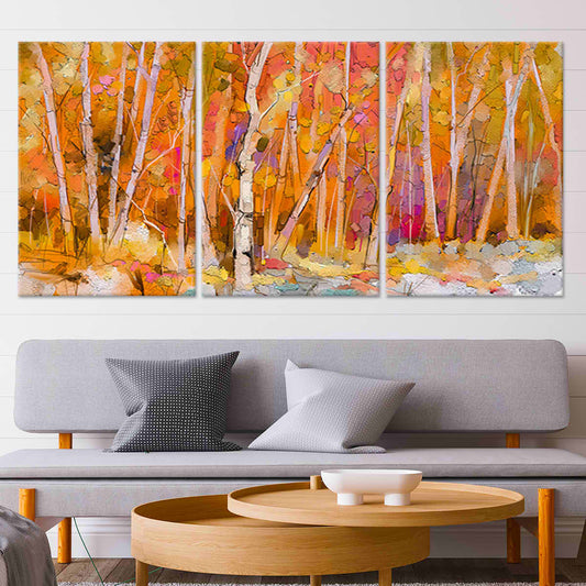 Autumn forest watercolor canvas wall art for living room décor, adding a calming fall atmosphere with warm orange tones and artistic texture