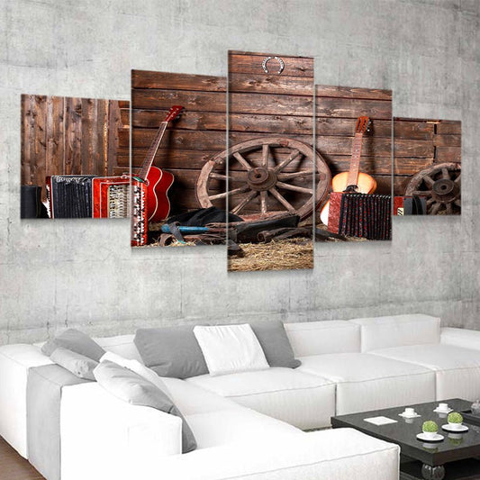 Vintage wagon wheel setup in warm rustic palette — large canvas wall art for bedroom adds uplifting countryside character and nostalgic ambiance