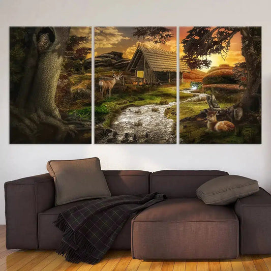 Rustic wooden cabin canvas wall art for living room decor, capturing a peaceful forest dusk scene perfect for warm and inviting spaces