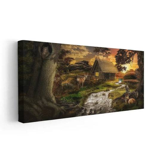 Cozy forest cabin scene in warm autumn tones — large canvas art with rustic palette, ideal for bedroom wall art to create calming ambience
