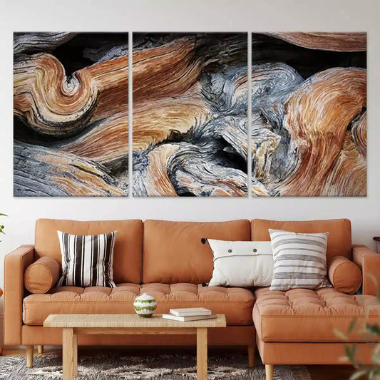 Flowing wood grain texture — modern canvas wall art, warm brown and gray tones bringing rustic charm to cozy living room décor.