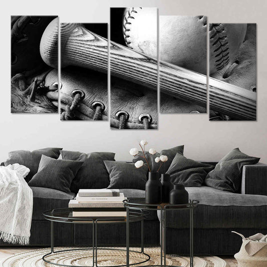Classic baseball equipment in rustic monochrome — large canvas wall art ideal for a calming bedroom setting with timeless black-and-white tones