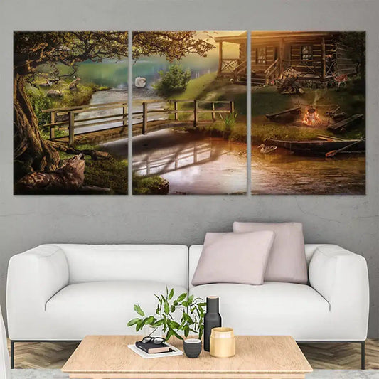 Rustic wooden cabin canvas wall art for living room decor, capturing a peaceful countryside stream scene with warm sunset tones