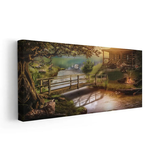 Vintage woodland cabin large canvas wall art with glowing lantern light and calming river reflections, ideal for bedroom ambiance