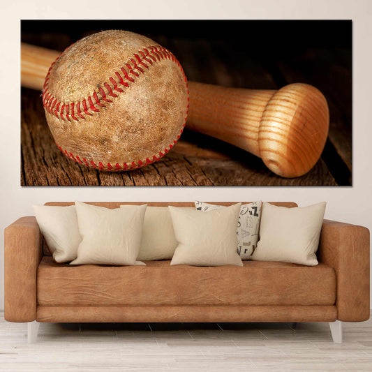 Rustic baseball and bat canvas wall art for living room décor, adding inspiring vintage charm and warm farmhouse sports character