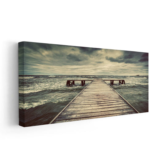 Stormy ocean pier — coastal canvas print in rustic tones, perfect bedroom wall art evoking adventure and seaside tranquility