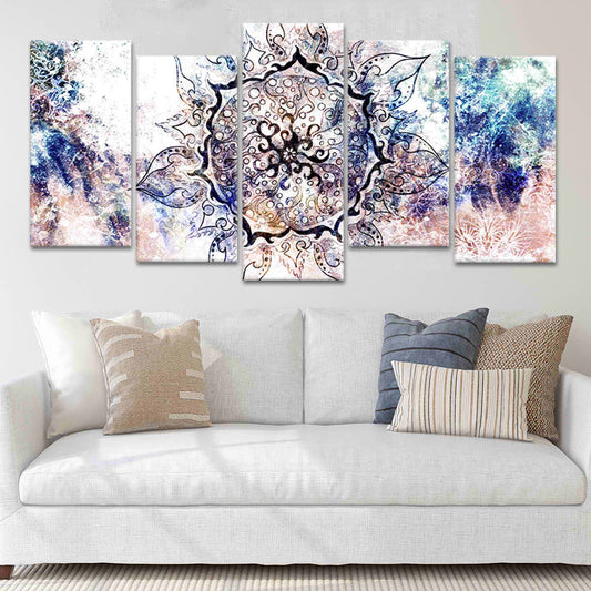 Abstract mandala pattern in soft tones — large canvas wall art, inspiring artwork for bohemian bedroom or creative office space.