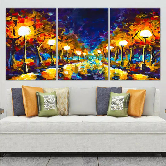 Modern expressionist night street scene — large canvas wall art, vibrant blues and golds add energetic visual movement