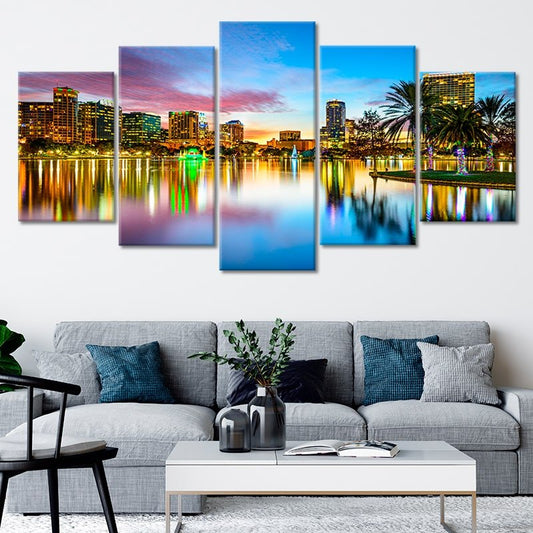 Colorful Orlando skyline reflection — large canvas wall art for living room decor, inspiring cityscape in modern style
