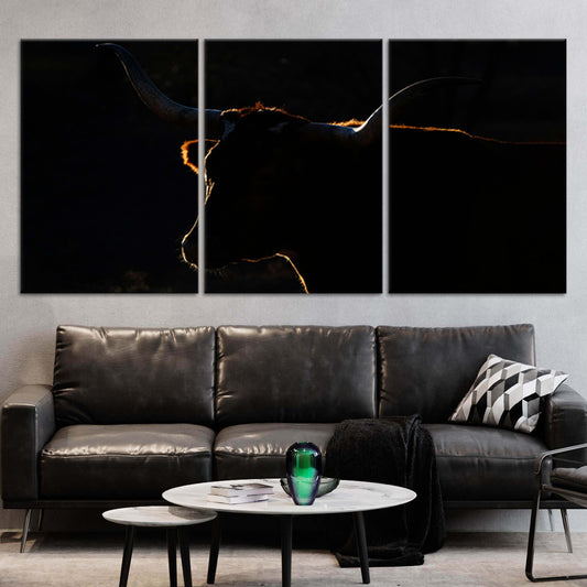 Longhorn cattle outline — modern canvas wall art with minimalist gold accents, perfect for rustic living room or Texas-style décor.