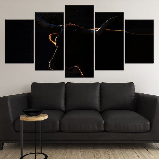 Texas longhorn silhouette — contemporary canvas wall art in black and gold, adding a bold statement to modern farmhouse interiors.