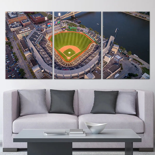 PNC baseball park aerial view canvas wall art for living room — detailed cityscape design adding sporty and modern home charm.