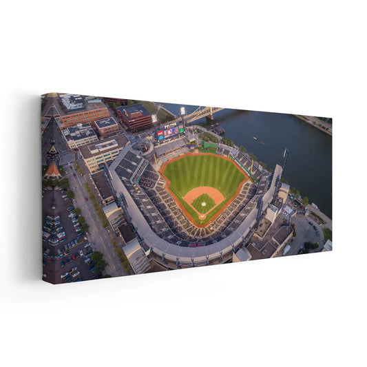 Pittsburgh baseball stadium at sunset — large canvas wall art featuring PNC Park lights for fan-inspired home or office decor.