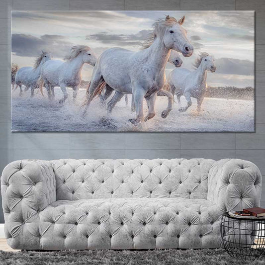White horses running through mist — modern canvas wall art for living room, bringing a peaceful and elegant atmosphere.