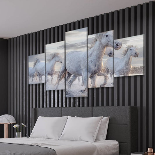 Galloping white horses — large canvas wall art in soft gray palette, perfect for contemporary bedroom or office decor.