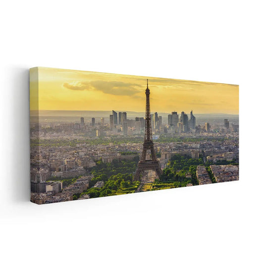 Eiffel Tower cityscape — large canvas wall art in warm yellow tones, perfect housewarming gift for Paris lovers and modern homes.