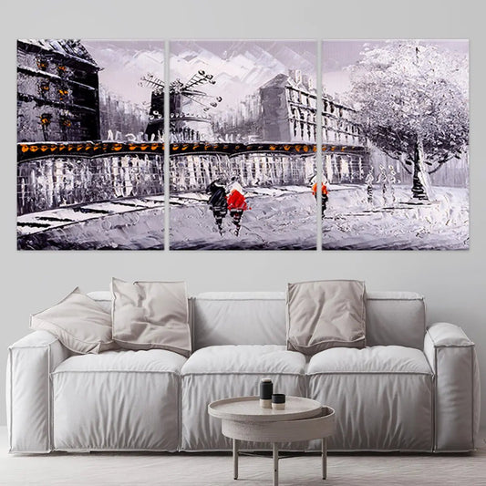 Paris street in winter — modern canvas wall art with soft neutral tones, ideal for adding European charm to a cozy living room.