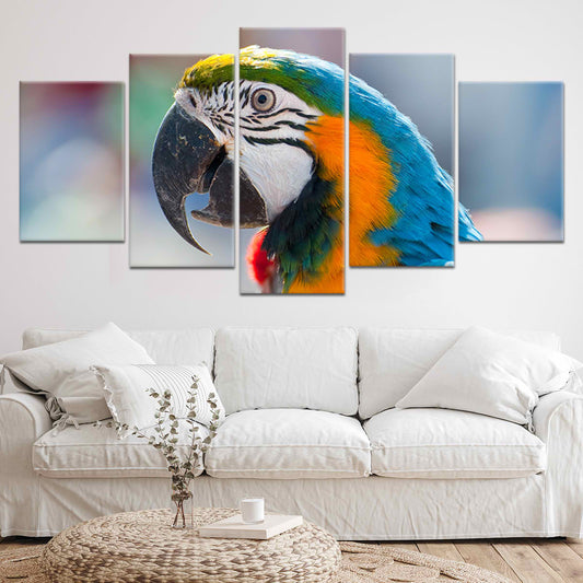 Vibrant parrot portrait in sharp detail—canvas wall art for modern living room decor, adding an uplifting and colorful tropical accent to the space