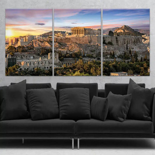 Ancient Parthenon cityscape canvas wall art for living room — elegant warm tones for a timeless modern aesthetic.