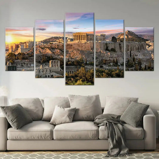 Greek temple landscape — large canvas wall art with golden sky hues, ideal for sophisticated dining room décor.