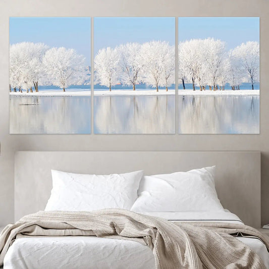 Winter treeline reflected on frozen lake large canvas wall art, adding a serene cool-tone accent for bedroom winter décor