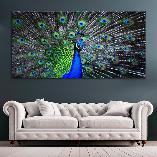 Majestic peacock display in emerald hues — modern canvas wall art, elegant accent for bedroom or home gallery wall.