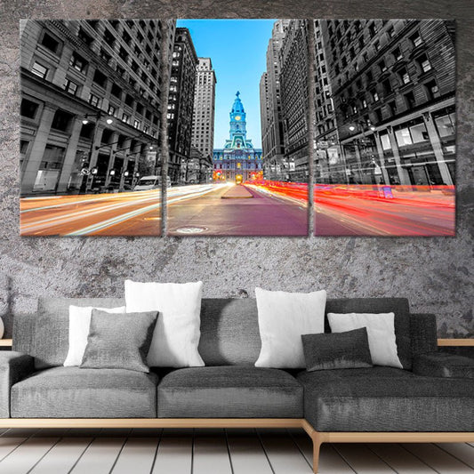 Philadelphia City Hall skyline — large canvas wall art in black and white with red street tones, inspiring décor for modern living rooms.
