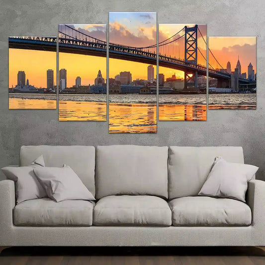 City skyline of Philadelphia — modern canvas wall art in golden evening palette, ideal for bedroom or contemporary spaces.